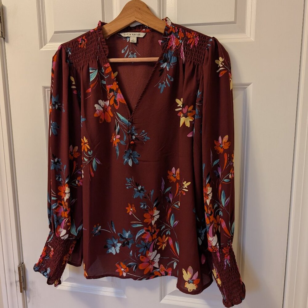 Women's Zac and Rachel Maroon Floral Top Large Ruffles